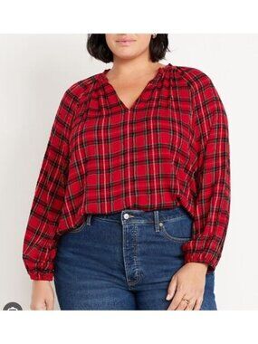 Old Navy Womens XL Red Plaid Long Sleeve Blouse Split Neck Shirt